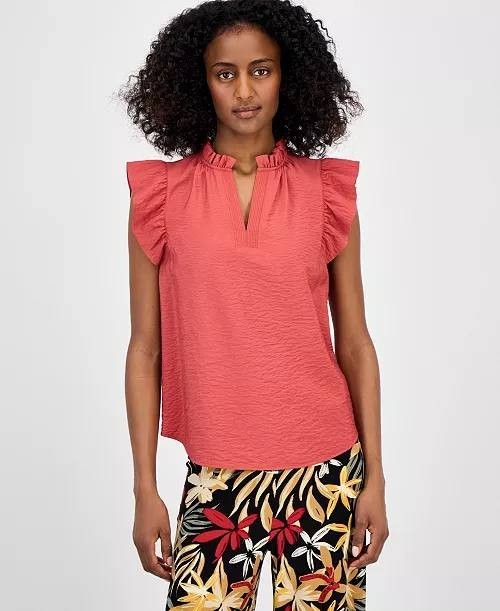 Anne Klein V‑Neck Flutter‑Sleeve Blouse Spiced Berry L NWT $79