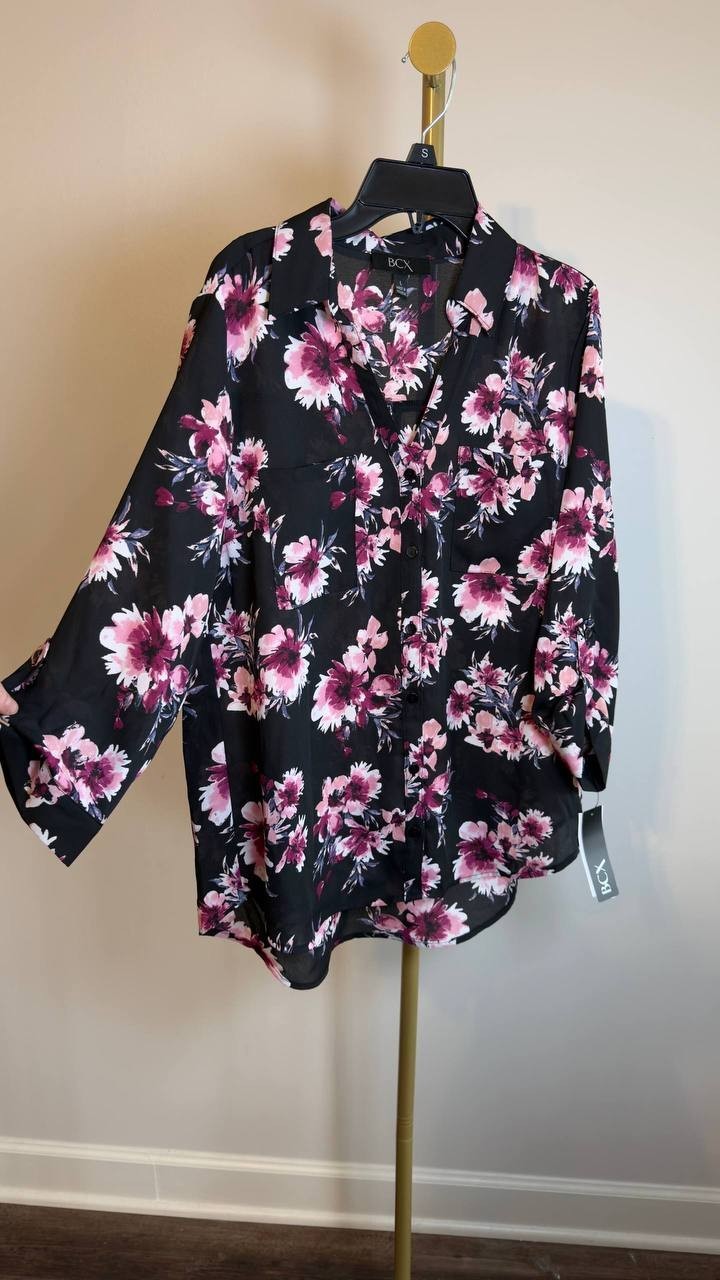 BCX Portofino Woven Top Black Floral Roll‑Tab Sleeves L NWT $79
