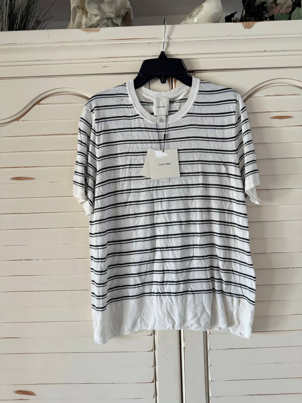 Calvin Klein Women's Viscose Striped Short Sleeve Sweater Tee Size L NWT $89