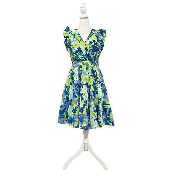 Taylor Dress 14 Navy Floral Cotton Ruffle Sleeve Tiered Midi Fit & Flare NWT