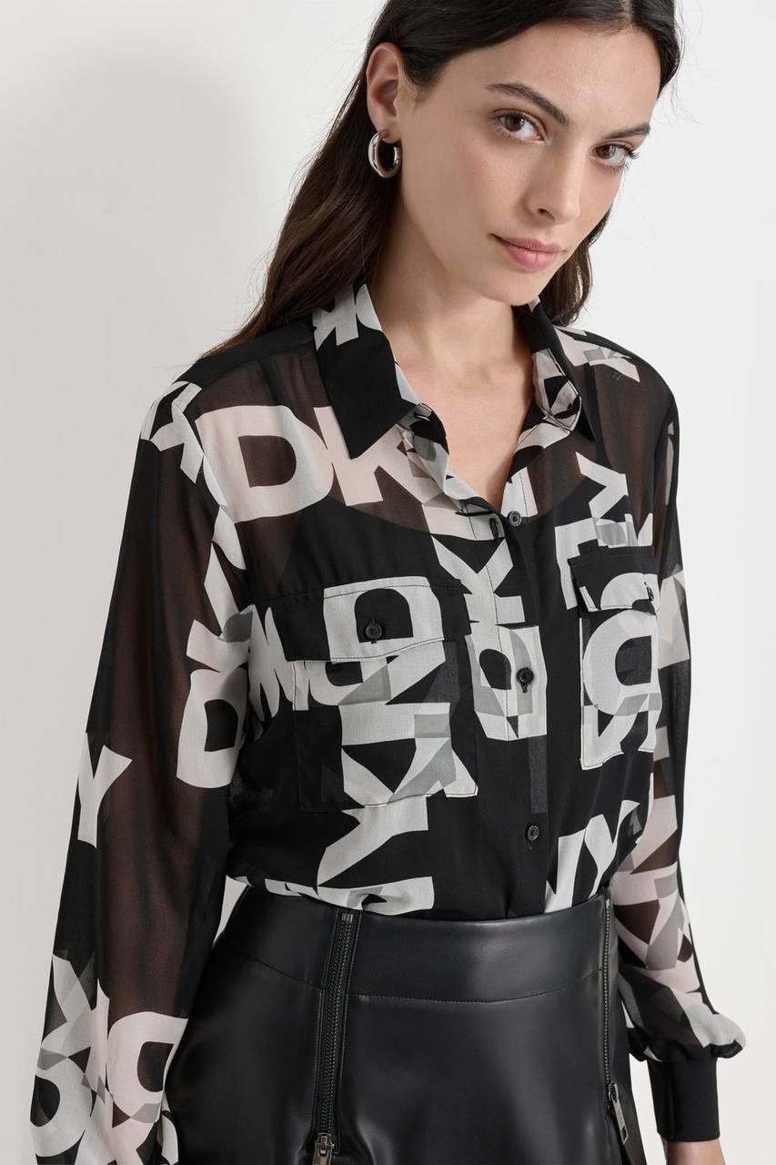 DKNY Foundation  Logo Print Blouse  Modern  Black  Size M  NWT  msrp $89