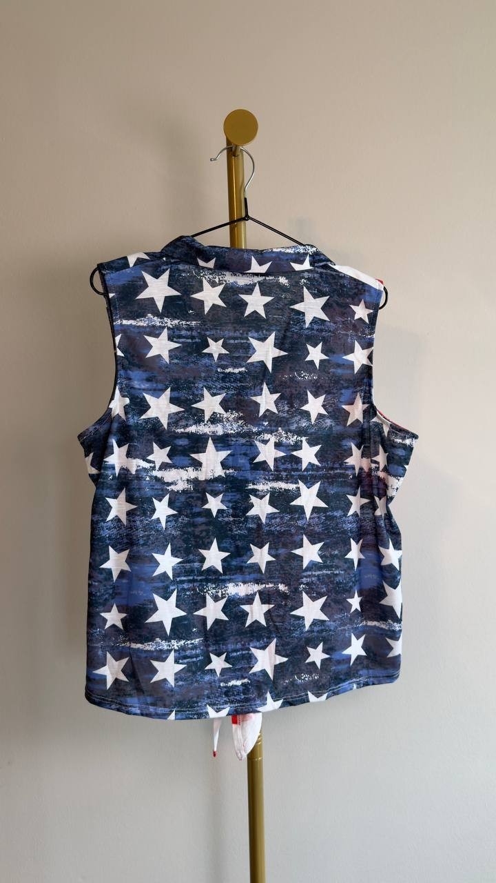 Thomas & Olivia Sleeveless Flag Button‑Front Shirt Red Multi L NWT $26