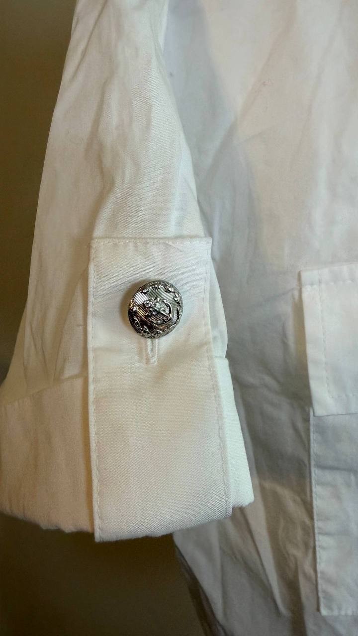 Karl Lagerfeld Paris Poplin Button Front Top White Pockets Size M NWT $89