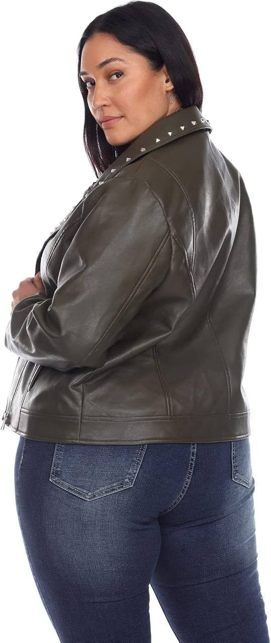 White Mark Women’s Studded Faux Leather Jacket, Size 1X, Color Olive, NWT
