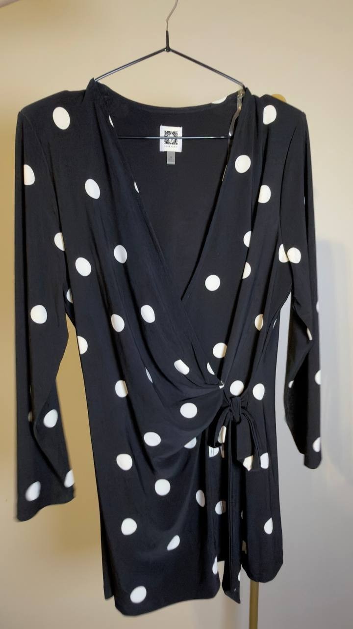 Anne Klein Women’s Printed Tie‑Waist Surplice Top Black/White Dot M NWOT $69