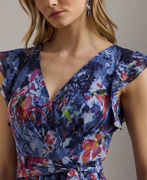 Lauren Ralph Lauren Print Ruffle Georgette Gown Blue Multi 2 NWT $325
