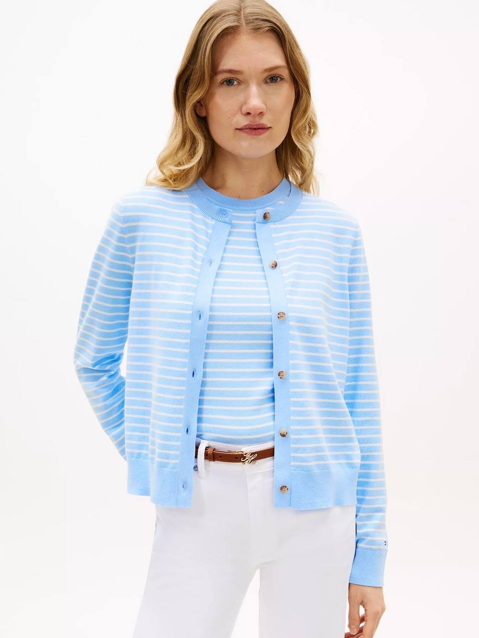 Tommy Hilfiger Crewneck Cardigan Blue/Ecru M NWT $74.50