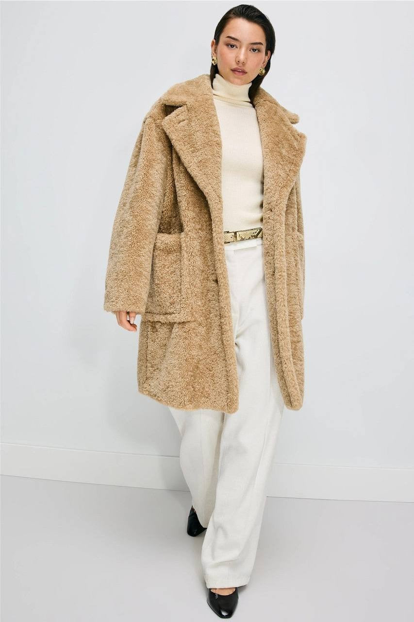 BOSS Orange Oversized Teddy Faux‑Fur Coat Camel 12 NWT $349