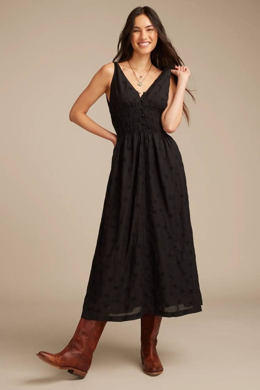 Lucky Brand Dress M Black V-Neck Smocked Waist Midi Flutter Sleeve MSRP $149