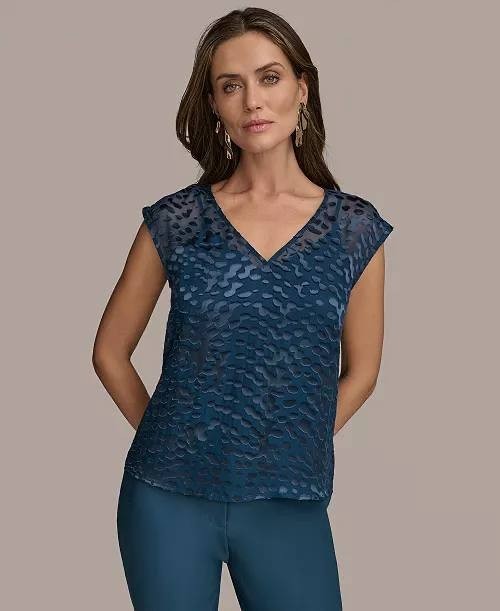 Donna Karan New York Cap‑Sleeve Silk‑Blend Burnout Blouse XS Blue NWT $129