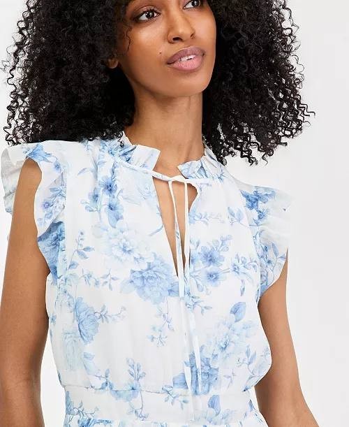 Anne Klein Pleated Flutter‑Sleeve Midi Dress Crisp White Multi 16 NWT $159