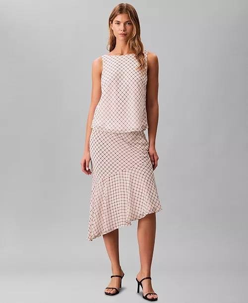 Calvin Klein Printed Chiffon Midi Skirt Cream L/G NWT $109