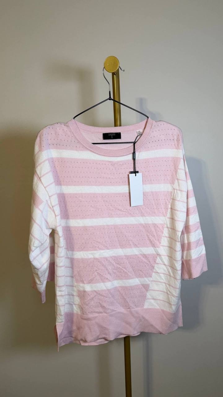 Tahari Striped Knit Sweater Light Pink White S/P $78 NWT