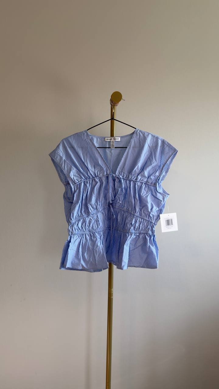 Ellen Tracy Shirred Sleeveless Top Front Ties Blue/White Stripes Size M NWT $79