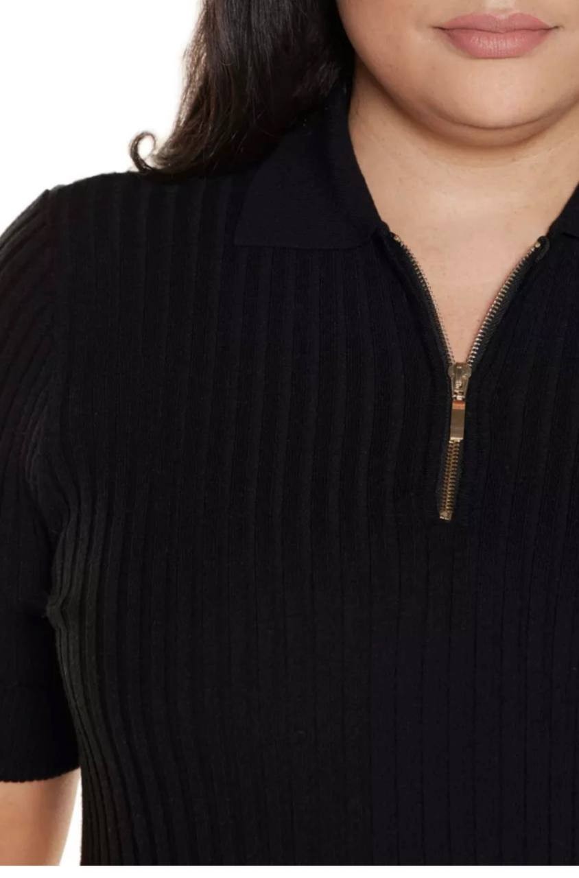 Belldini Plus Collared Quarter‑Zip Ribbed‑Knit Sweater Black 2X NWT $59