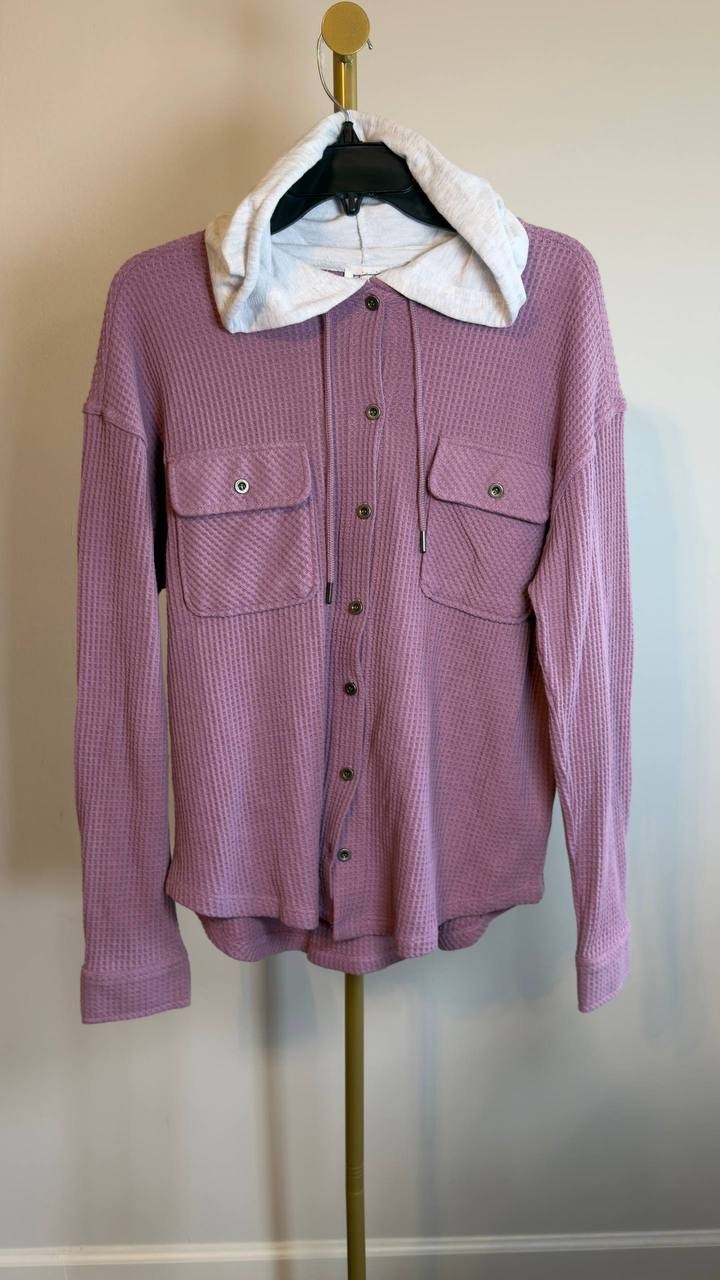 Hippie Rose Juniors' Hooded Waffle Knit Shacket Valerian Combo M NWT $38
