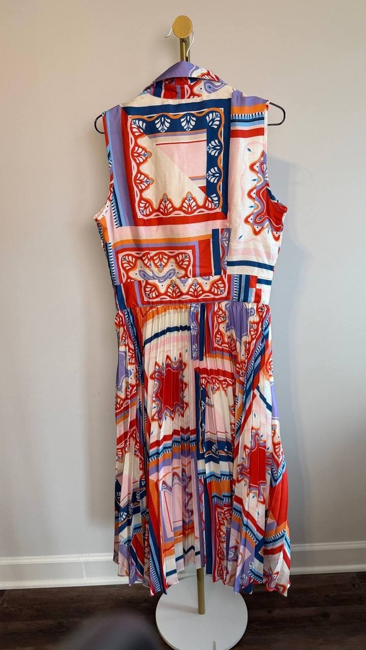 Tahari Women’s Printed Pleated Midi Shirtdress Como Tile 10 NWT $138