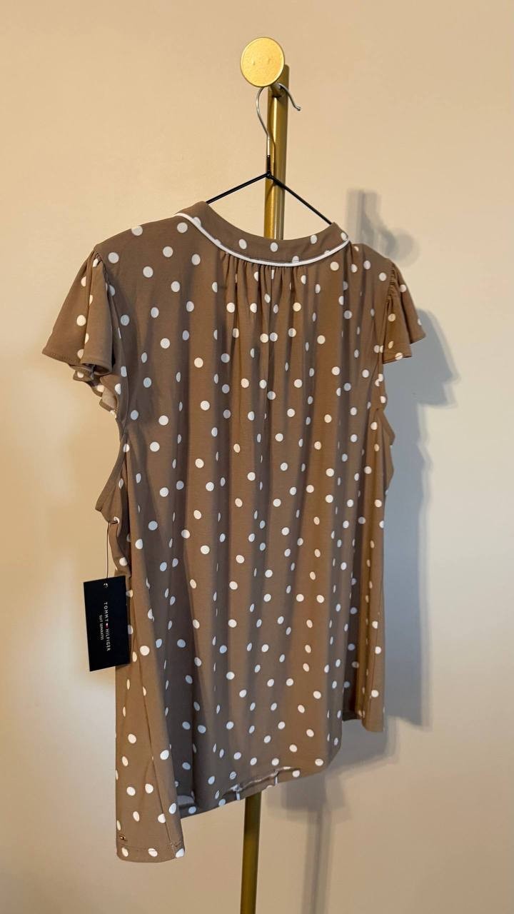 Tommy Hilfiger Dot‑Print Split‑Neck Flutter‑Sleeve Top XL $59 NWT