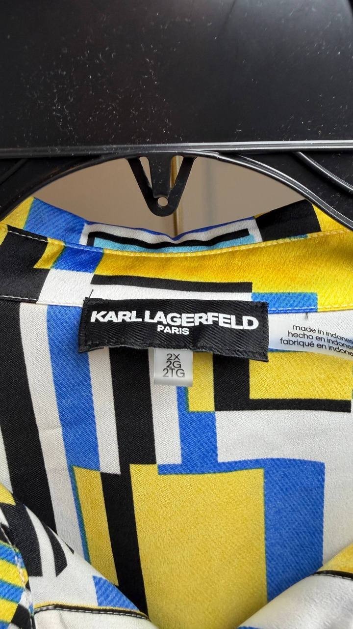 Karl Lagerfeld Paris Satin Printed Button‑Front Shirt Multi 2X NWT $99