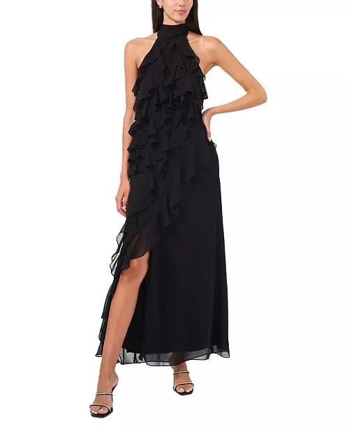 CeCe Ruffled Halter Maxi Dress –Black– Size 12 – NWT – $119