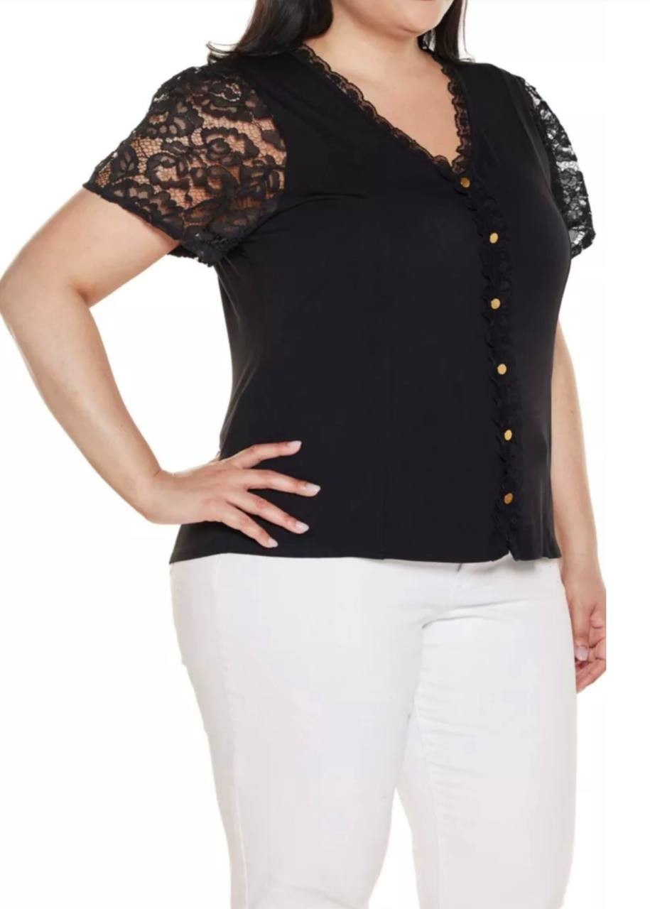 Belldini Plus Size Crochet Lace Sleeve V‑Neck Top Black 1X NWT $59