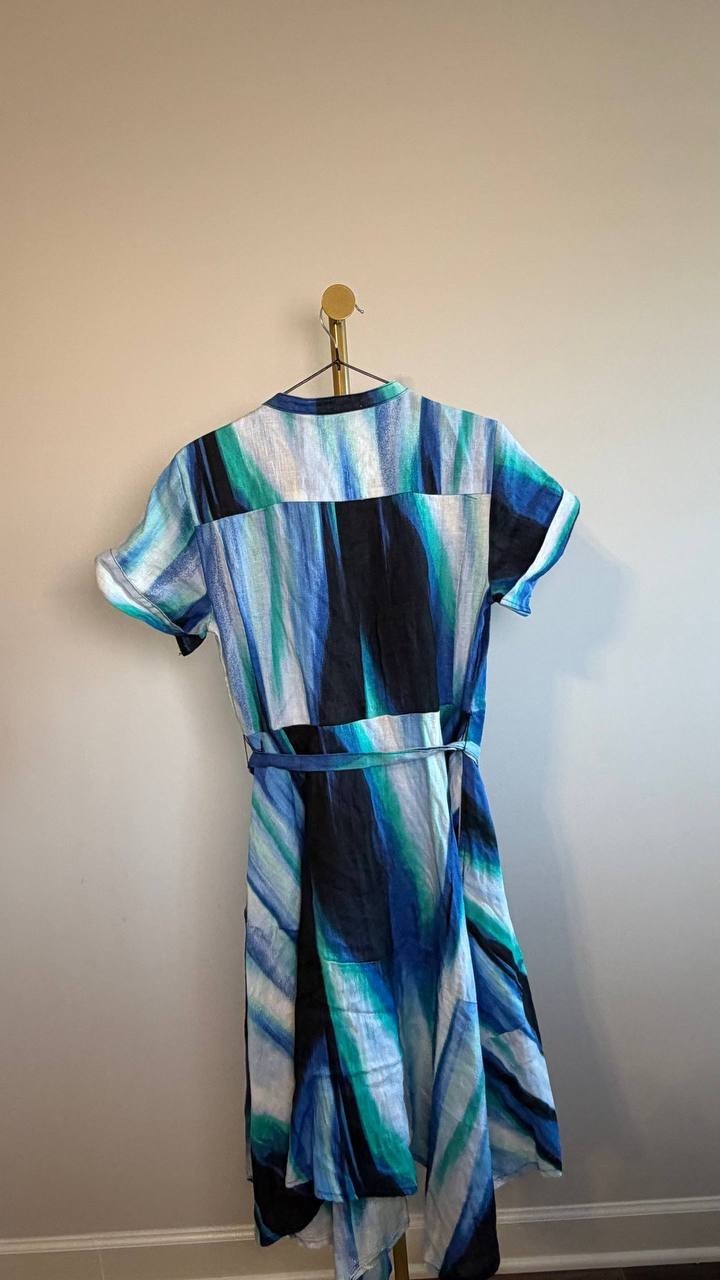 DKNY Brushstroke Printed Asymmetrical Linen Dress Caribbean Multi 4 NWT $159