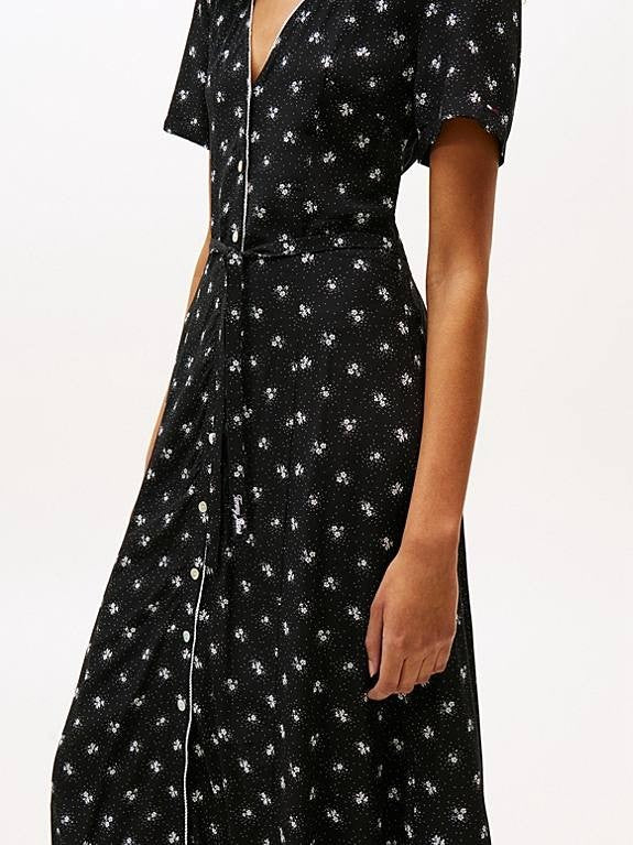 Tommy Hilfiger Floral V-Neck Slim Midi Dress Black Size L/G NWT MSRP $110
