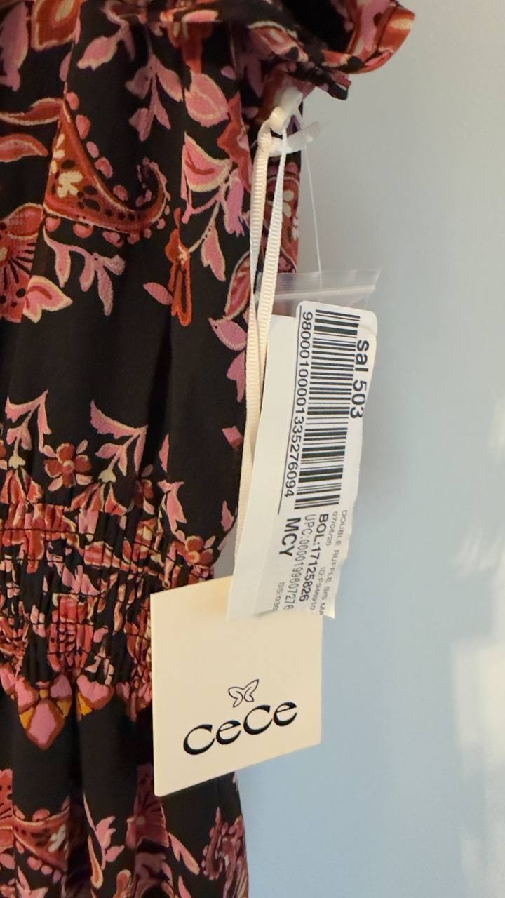 CeCe Short-Sleeve Printed Maxi Dress Rich Black M NWT $139