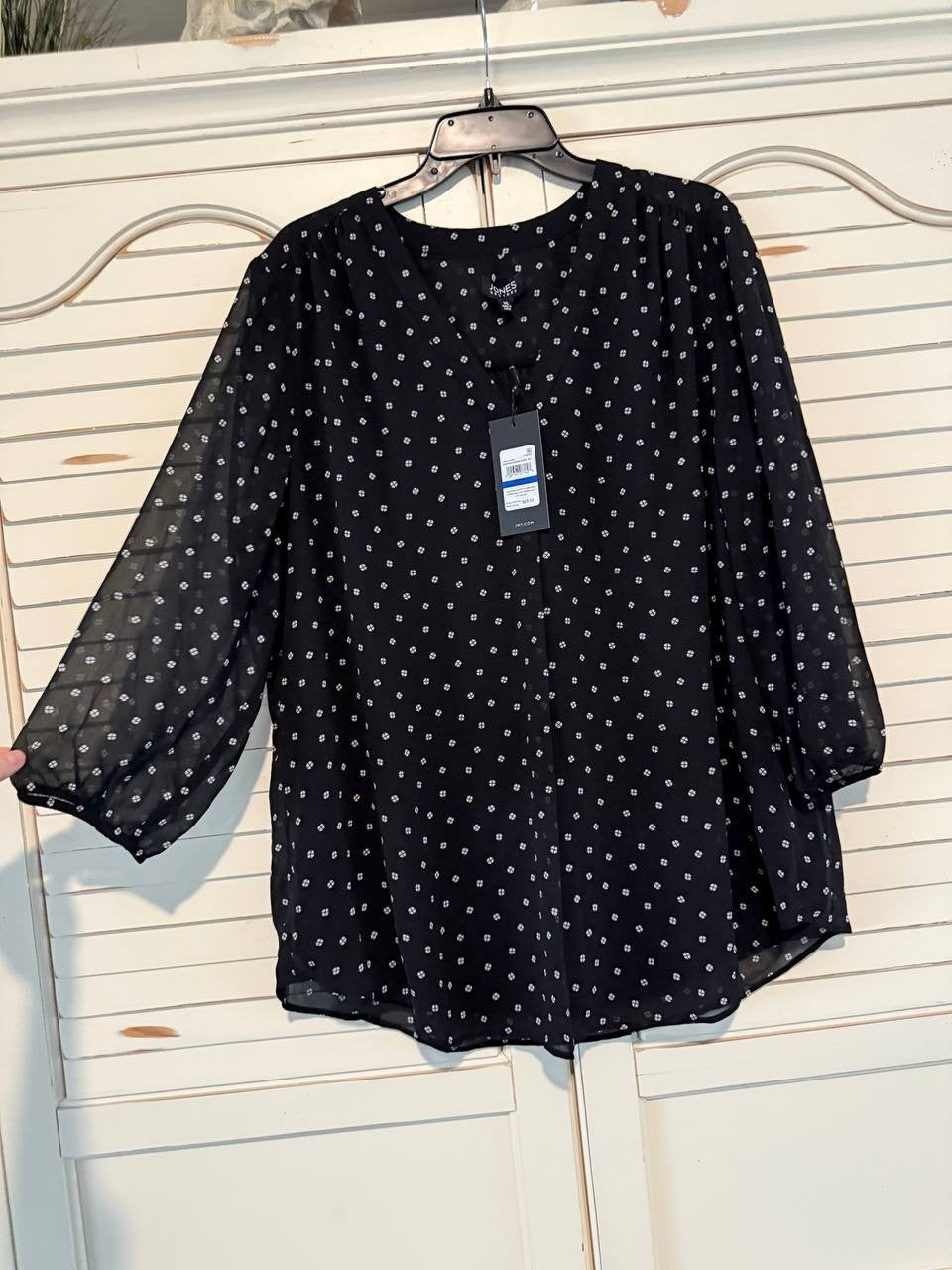 Jones New York V-Neck 3/4 Sleeve Printed Blouse Black Size XL NWT $69.50