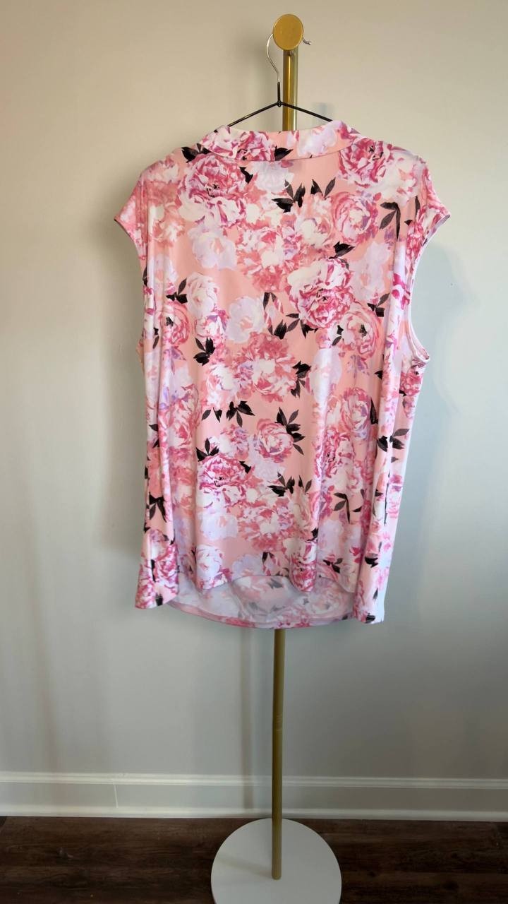 Kasper Plus Size Cap Sleeve Cowl Neck Pleated Top White Pink 2X NWT $59