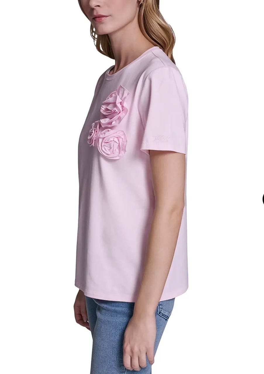Karl Lagerfeld Paris Women’s Rose‑Trim Knit Top Rose M NWT $59