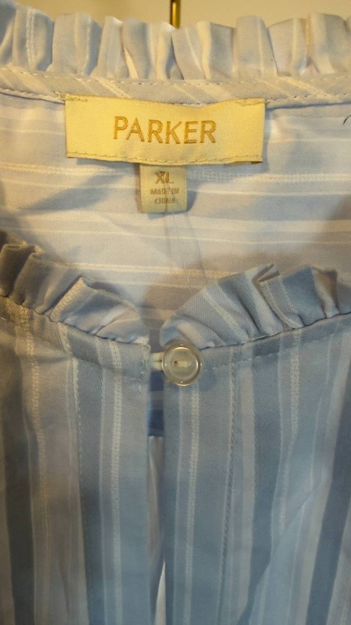 Parker Striped Ruffle‑Neck Long Sleeve Blouse Light Blue XL NWOT $188