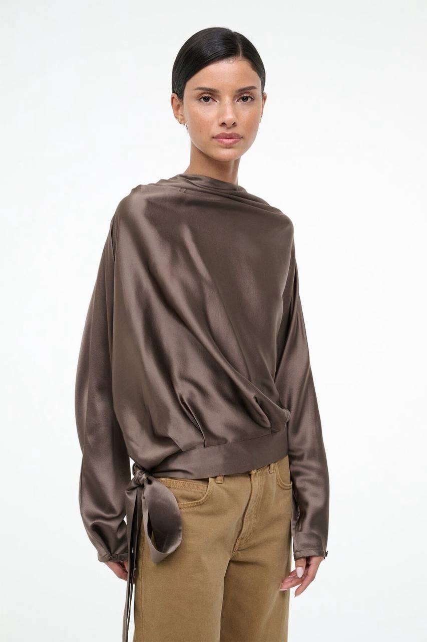 Staud Phoebe Silk Top Dolman Sleeve Side-Tie Truffle Size 2 NWT $475