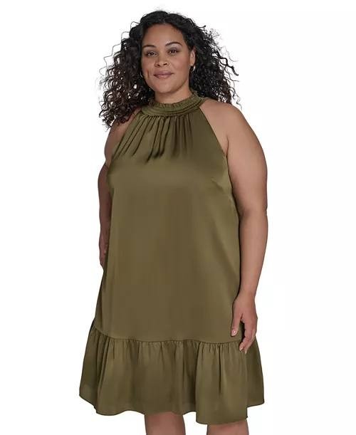 Vince Camuto Plus Size Satin Mock‑Neck A‑Line Dress Olive 16 NWT $138