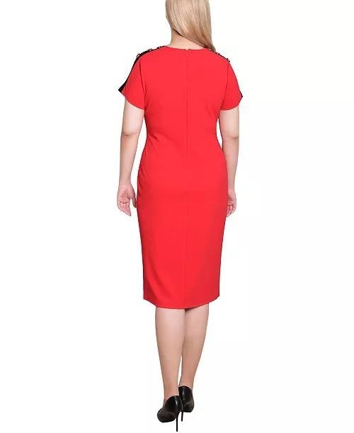 NY Collection Petite Asymmetrical Hem Dress Fire Red Black PXL $52 NWT