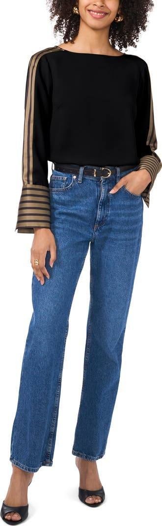 Vince Camuto Stripe Accent Boat Neck Top Black Long Sleeve Cuffs Size S NWT $89