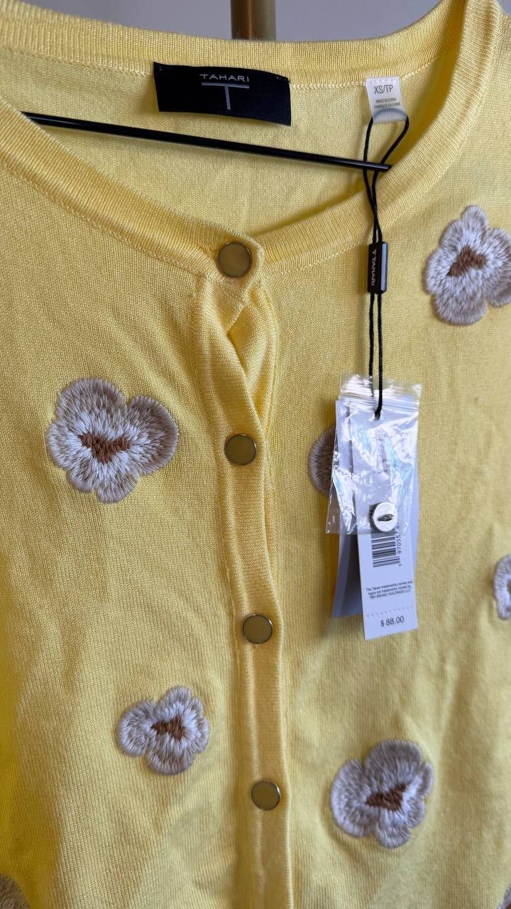 T Tahari Women’s Floral‑Embroidered Button‑Front Cardigan Yellow XS $88 NWT