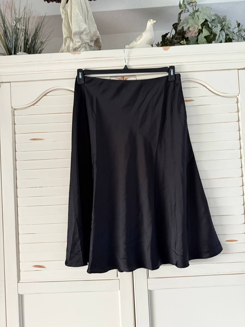CeCe Skirt L Black Satin A-Line Midi Side Zip Snag Flawed Hem Feminine NWT
