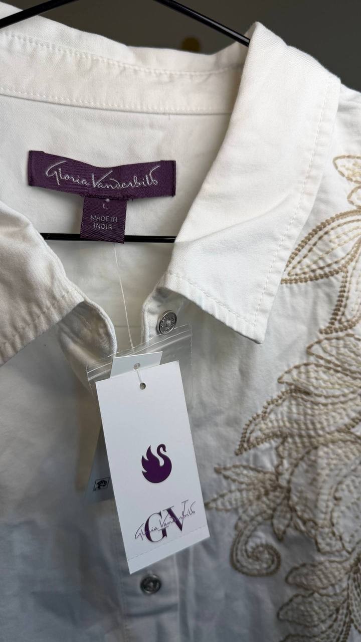 Gloria Vanderbilt Laine Cotton Embroidered Shirt White L NWT $54