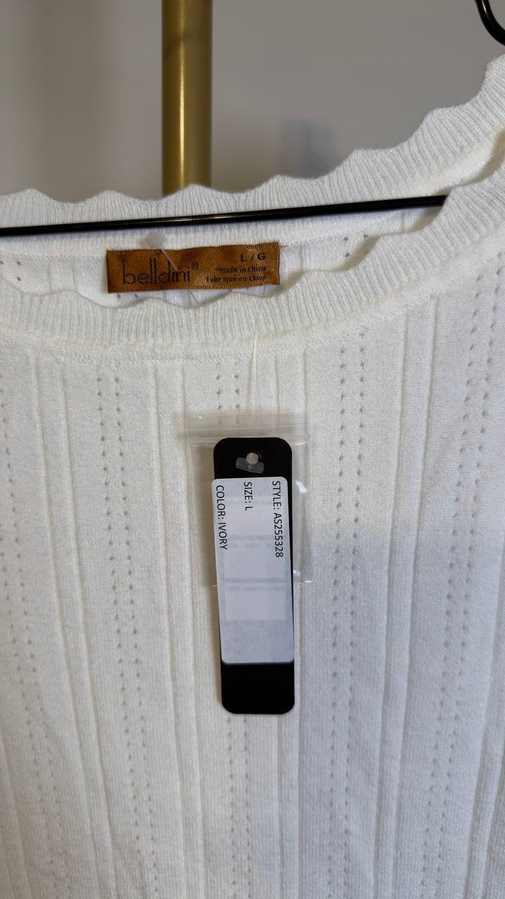 Belldini Scalloped-Trim Boat Neck Sweater White L NWT $59