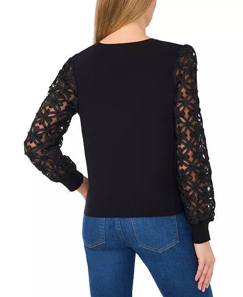 CeCe 3D Floral Lace Mixed Media Sweater Black XL NWT $89