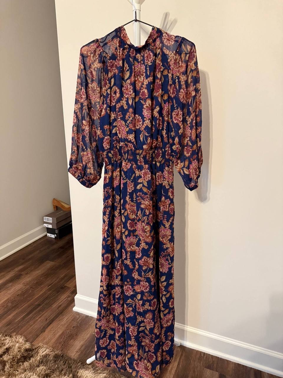 Vince Camuto Printed Tie‑Neck Puff‑Sleeve Maxi Dress –Deep Sky–Size M–NWT–$119