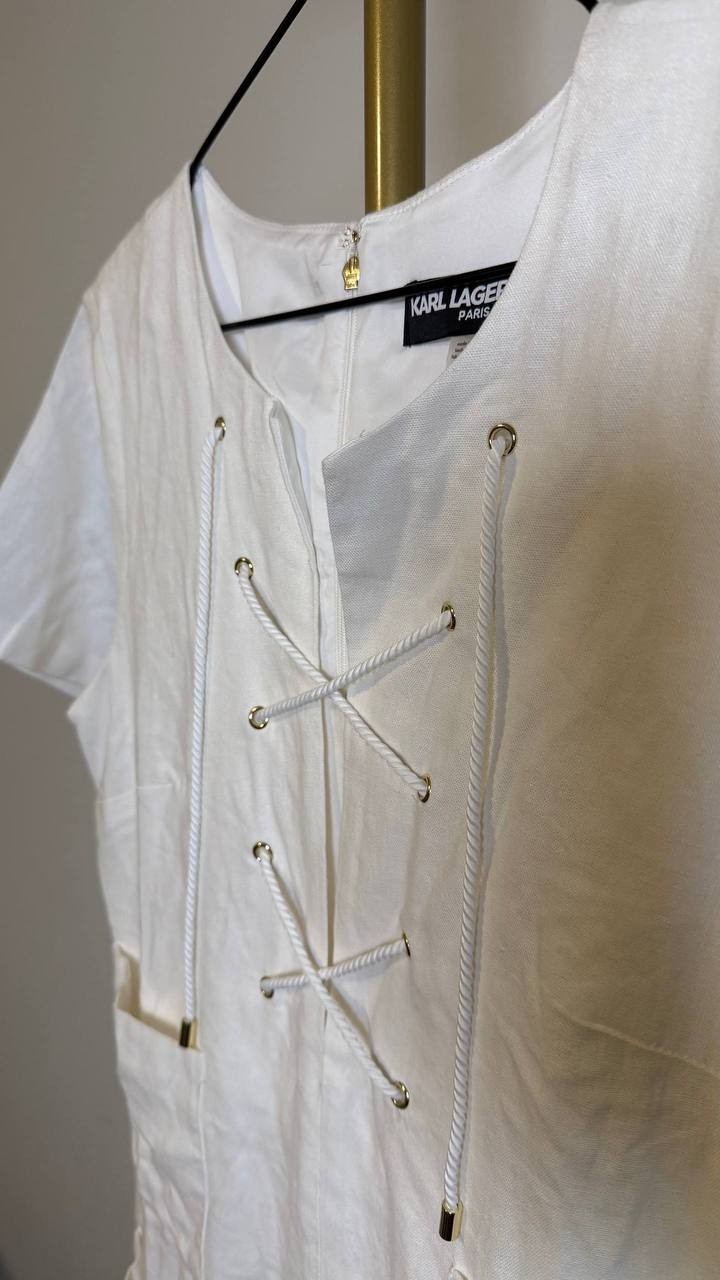Karl Lagerfeld Paris Lace‑Up Bodice Shift Dress Soft White 10 $138 NWT
