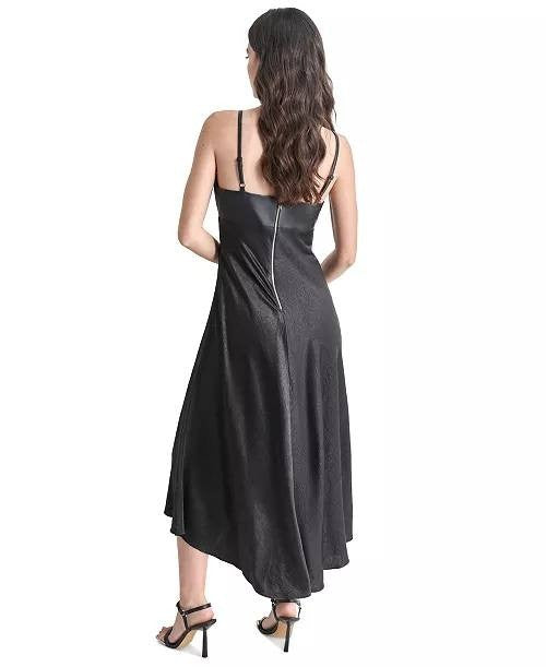 DKNY Dress 16 Black Mixed Media Midi Crewneck Short Sleeve Stretch Satin NWT