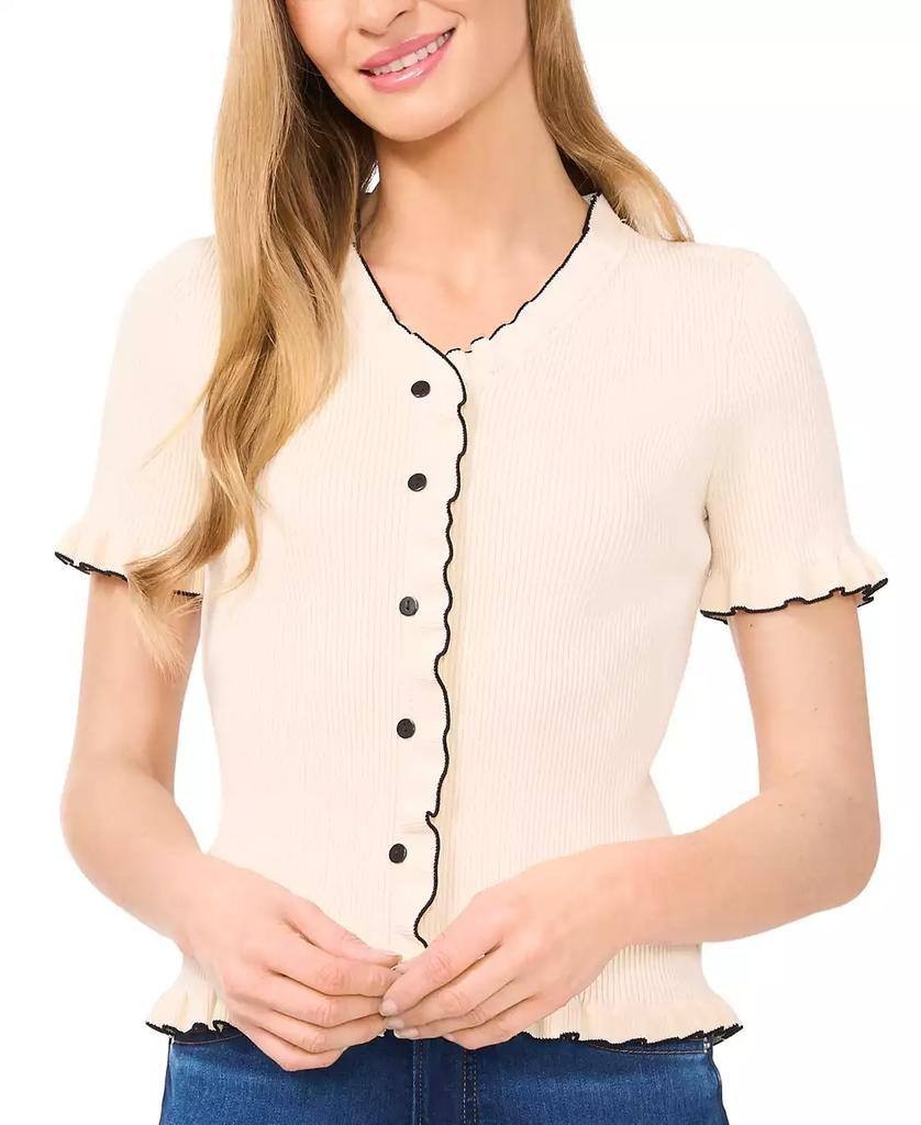 CeCe Women’s XL Contrast-Trim Ruffled Short-Sleeve Cardigan Eggnog NWT