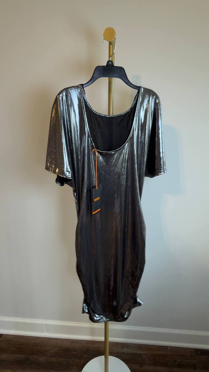 BOSS Orange Lamé Ruched Mini Dress Flutter Sleeves Grey L NWT $149