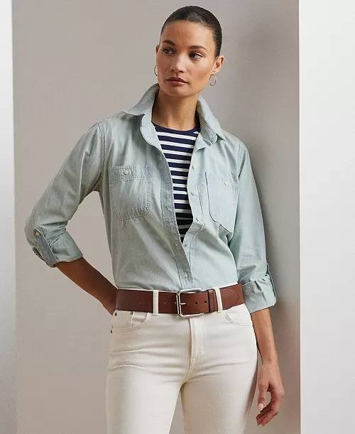 Lauren Ralph Lauren Women’s Cotton Roll Tab‑Sleeve Shirt Light Wash S/P $125