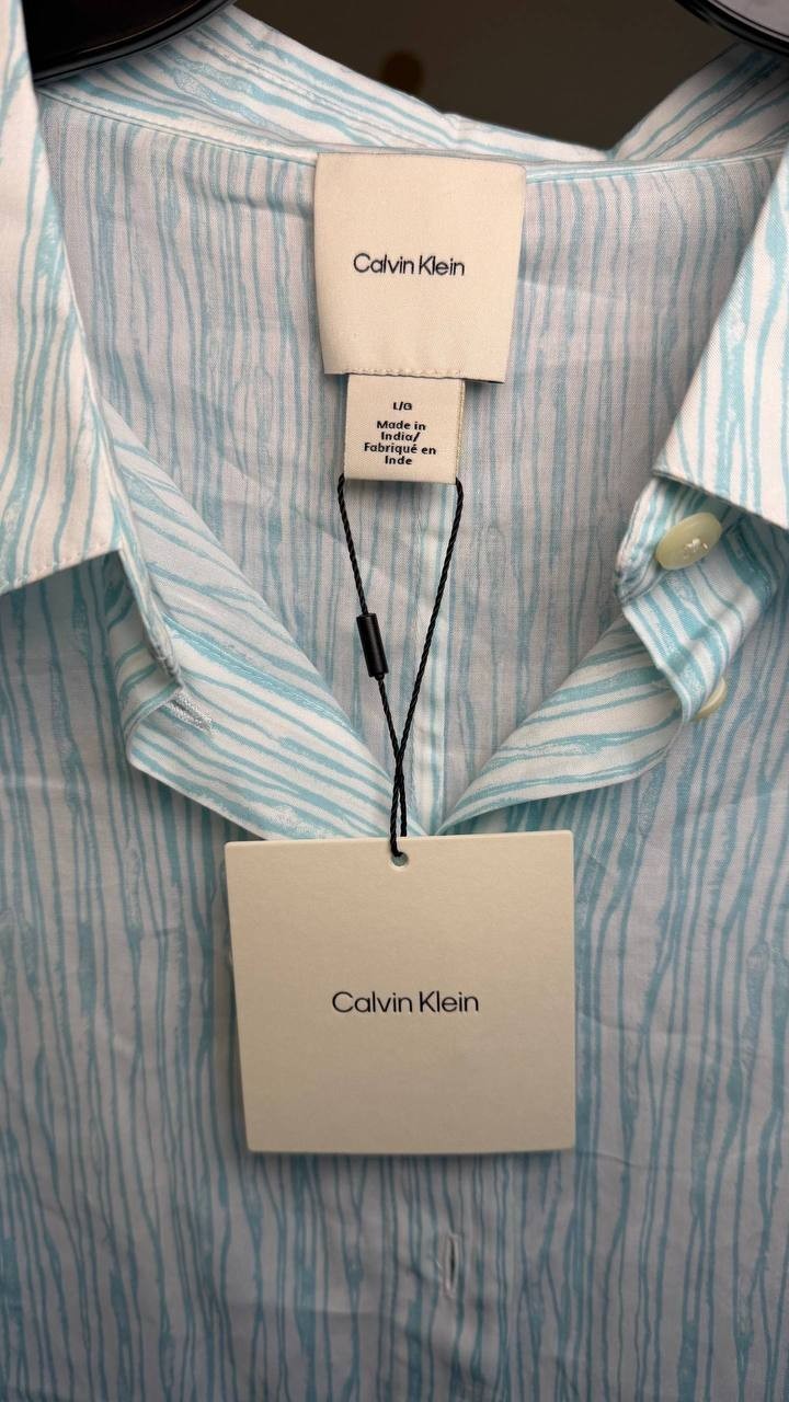 Calvin Klein Striped Long Sleeve Button‑Down Shirt White Print L NWT $109