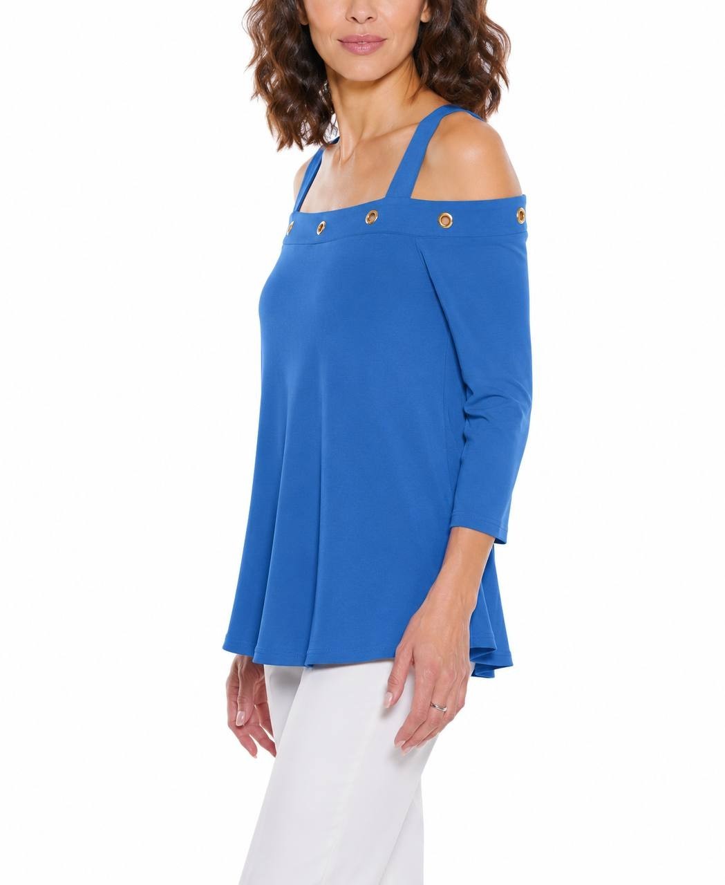 Belldini Women’s Grommet Trim Cold Shoulder Top Blue S NWT $49