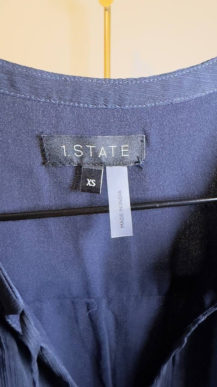 1.STATE Tie‑Neck Ruffled Sheer‑Sleeve Blouse Indigo Night XS NWT $79